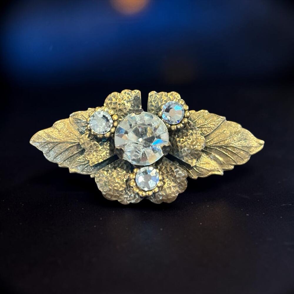 Antique Rhinestone Flower Brooch Long Pin C Clasp Gilded Botanical Sparkle